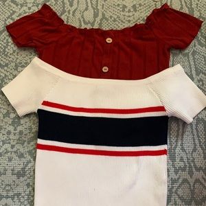 summer red button up top + blue and red white striped top